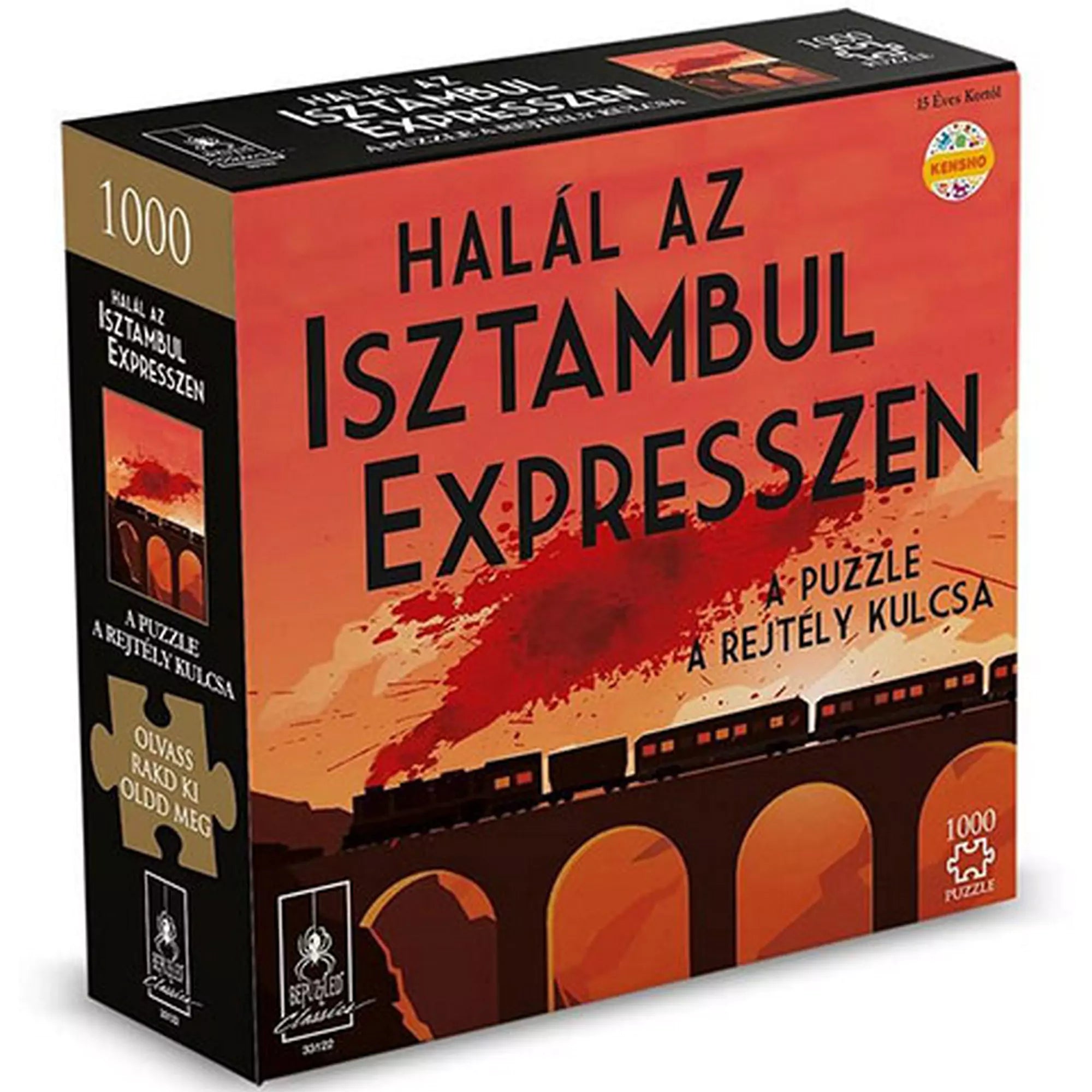 Halál az Isztambul Expresszen társasjáték doboza, 1000 darabos puzzle és rejtélyes történet kombinációja, vörös és fekete vonatos illusztrációval.