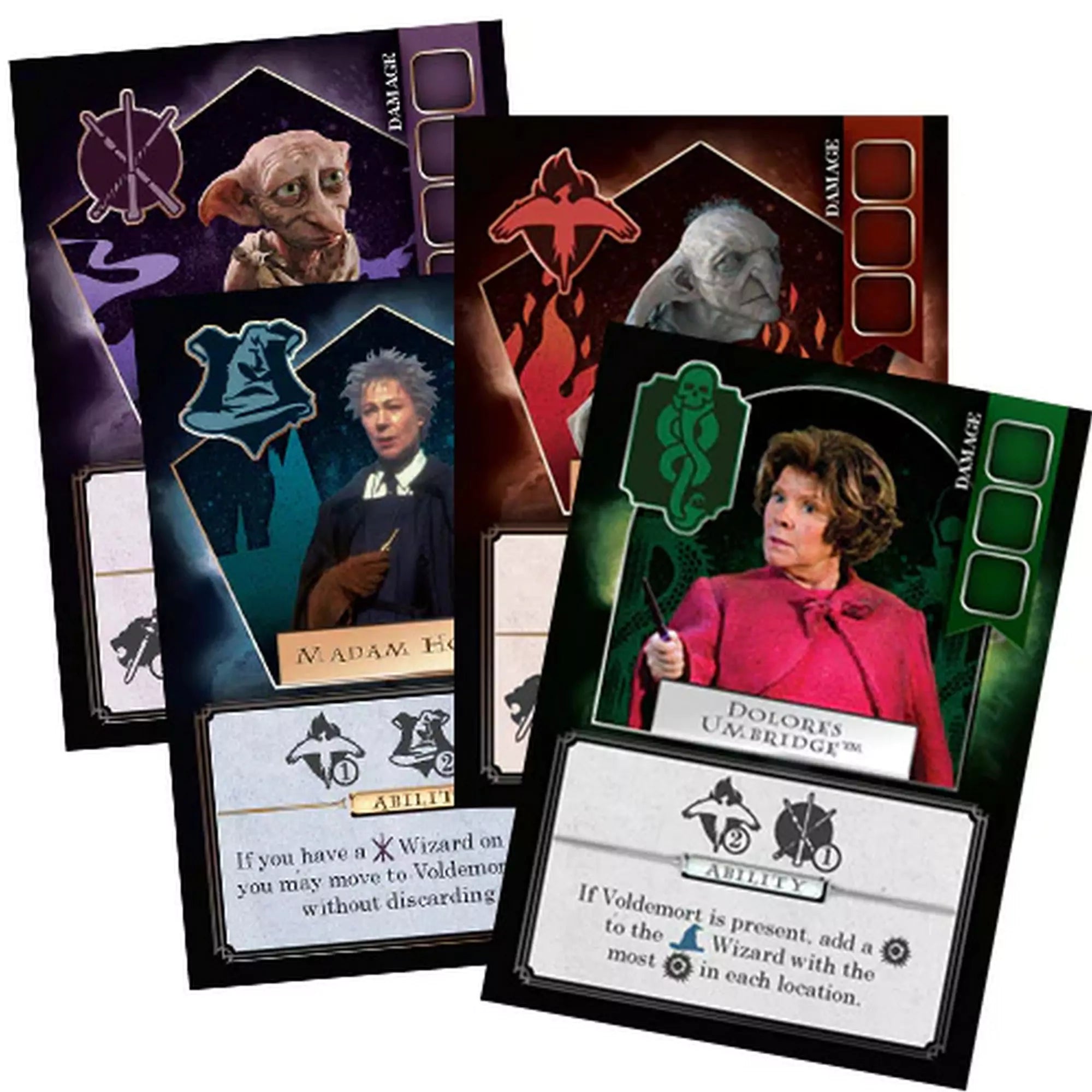 Harry Potter: Death Eaters Rising promóciós kártyák, köztük Dobby, Dolores Umbridge, Madam Hooch és Kreacher karakterei különleges képességekkel.