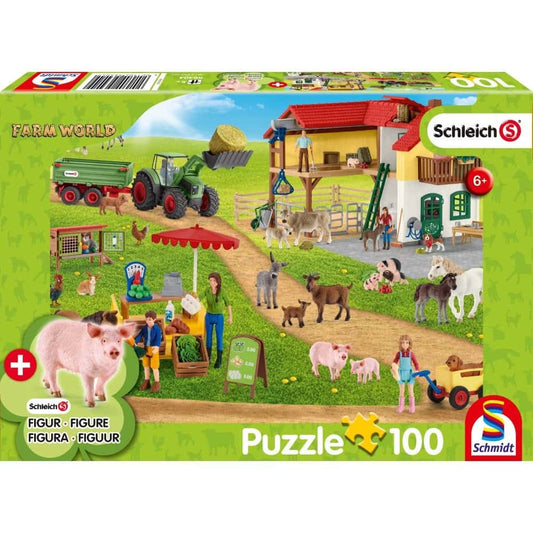 Fermă și piață, puzzle de 100 de piese + Cadou cu figură de animal