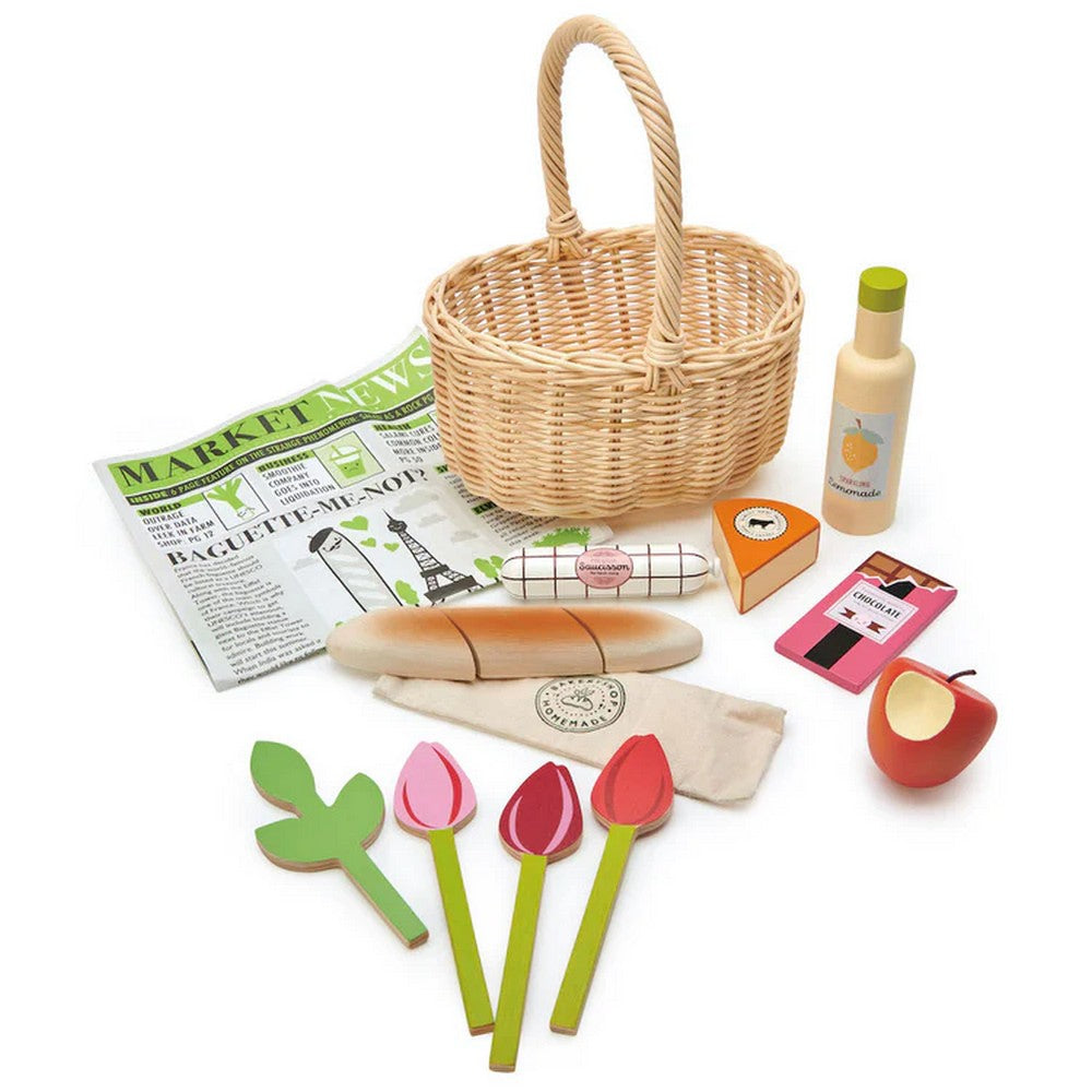 Coș de cumpărături din răchită cu accesorii din lemn - Tender Leaf Toys - TL8286