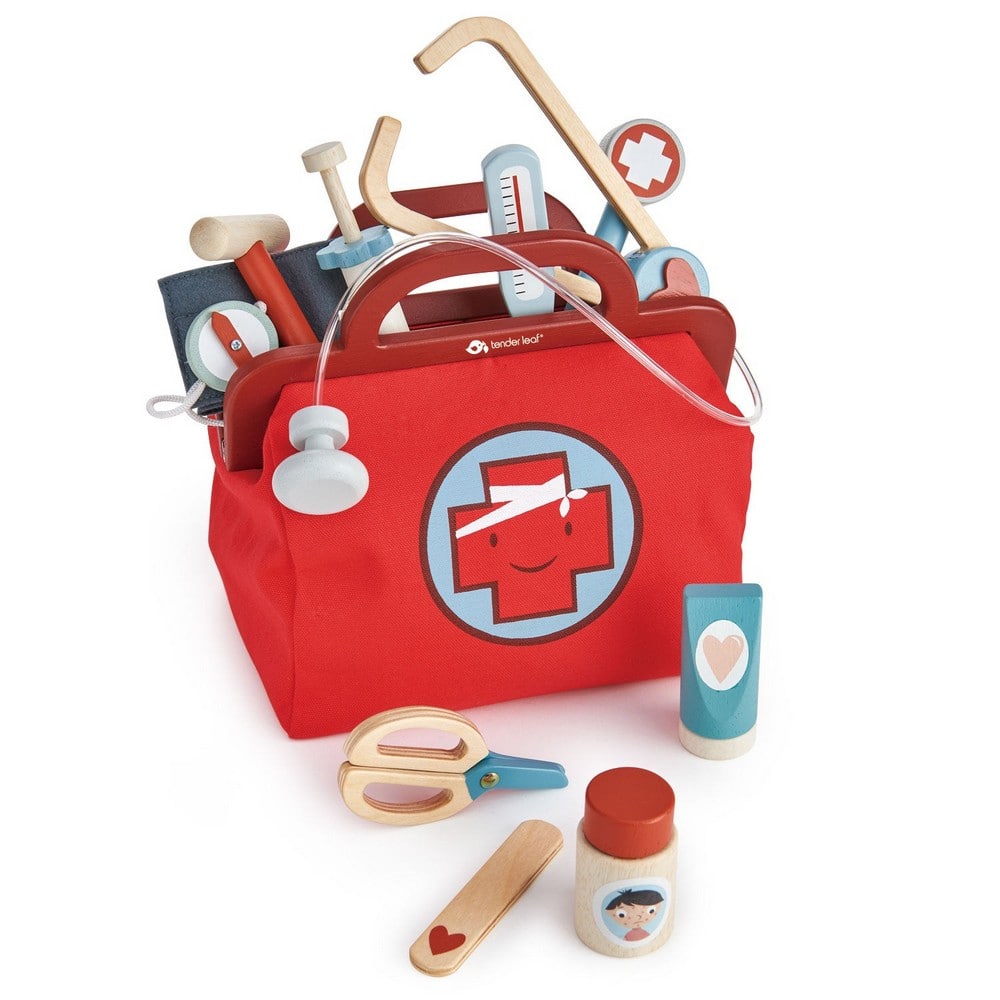 Geantă medicală roșie cu 16 instrumente medicale, din lemn premium - Geanta Doctorului - Jucării Tender Leaf