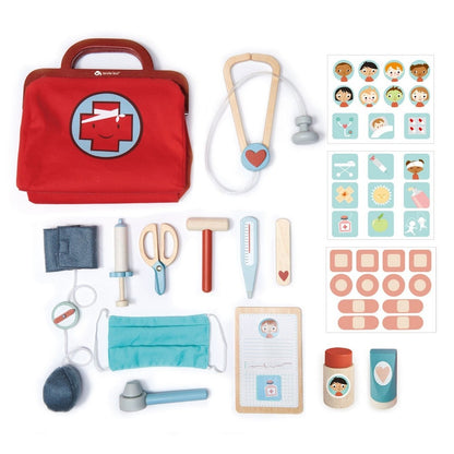 Geantă medicală roșie cu 16 instrumente medicale, din lemn premium - Geanta Doctorului - Jucării Tender Leaf